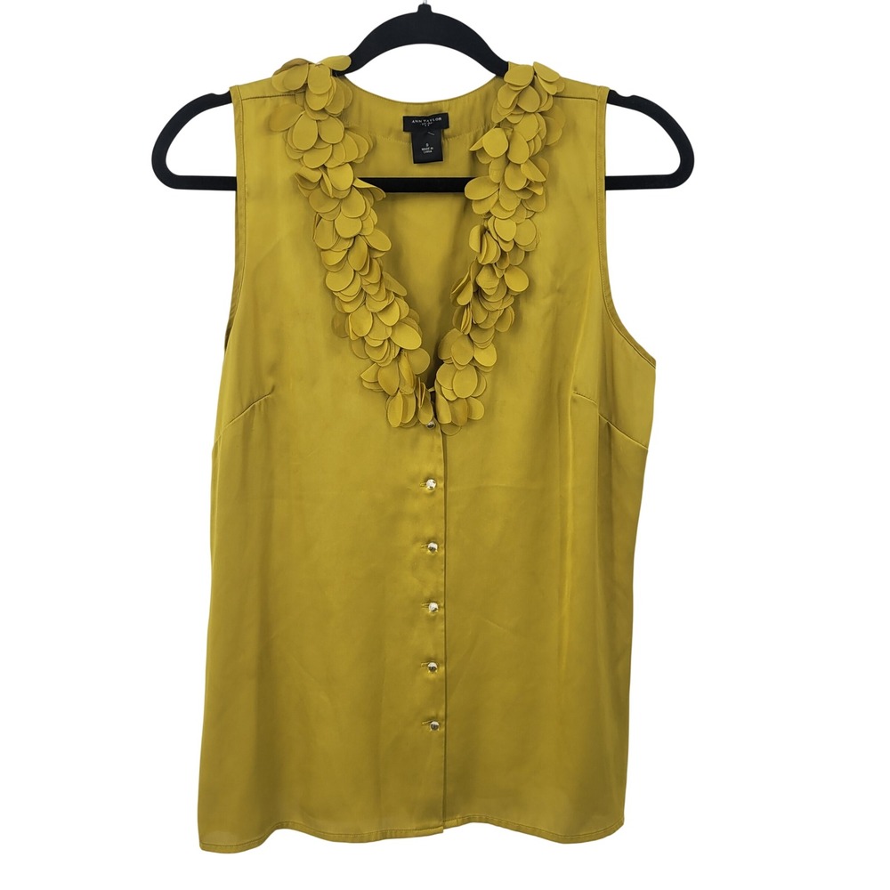 Vtg Whimsical Chartreuse Mustard 3D Petal Applique V-Neck Blouse Top Sz S